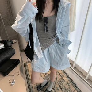 欧洲站2025夏季新款欧货慵懒风宽松蝙蝠袖连帽防晒衣+短裤两件套