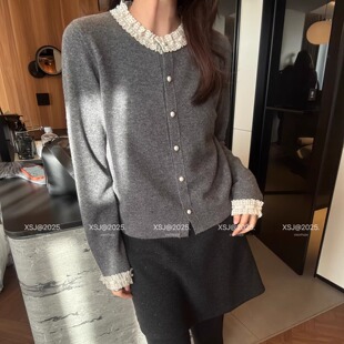 欧洲站2025冬季新款温柔风蕾丝花边羊毛针织开衫女气质显瘦针织衫