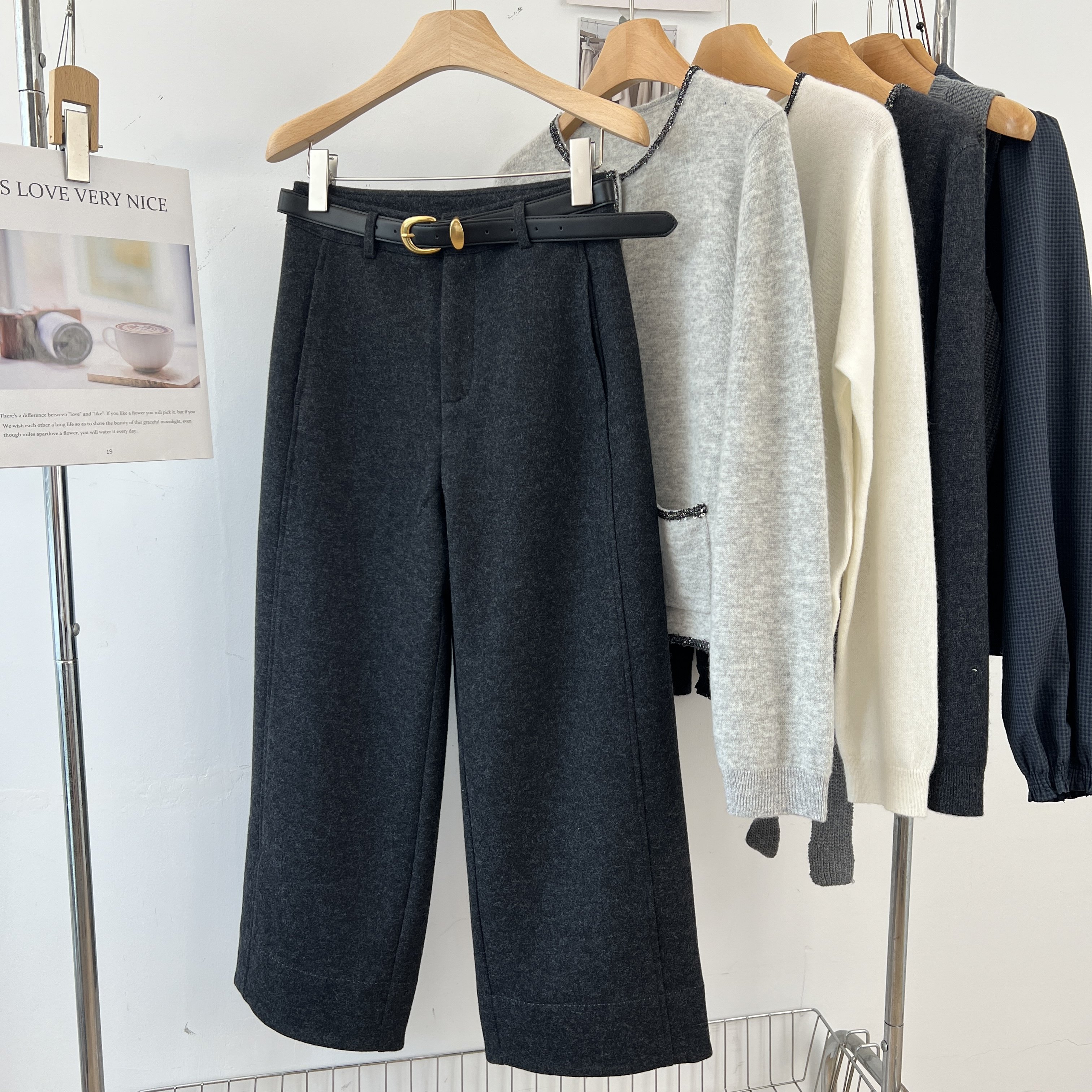 高品质绵羊毛直筒九分裤 配腰带 高腰显瘦复古西裤休闲裤女秋冬款