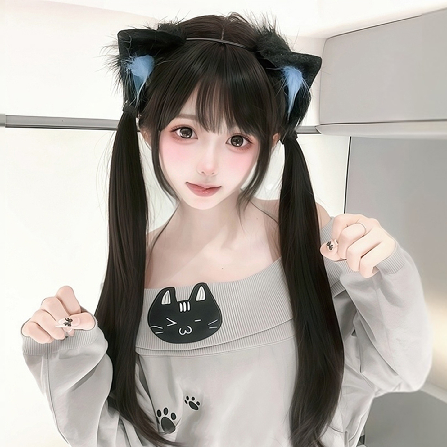 假发双马尾扎好女长直发