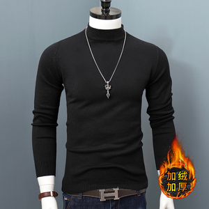 秋冬季中半高领毛衣男士羊绒衫纯色修身加绒加厚针织衫青年毛线衣