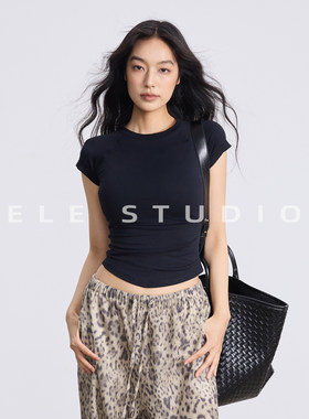 ELE甜椒 韩版时髦小飞袖修身螺纹短袖T恤女夏季紧身弹力短款上衣