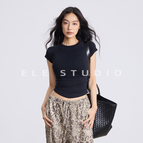 ELE甜椒 韩版时髦小飞袖修身螺纹短袖T恤女夏季紧身弹力短款上衣