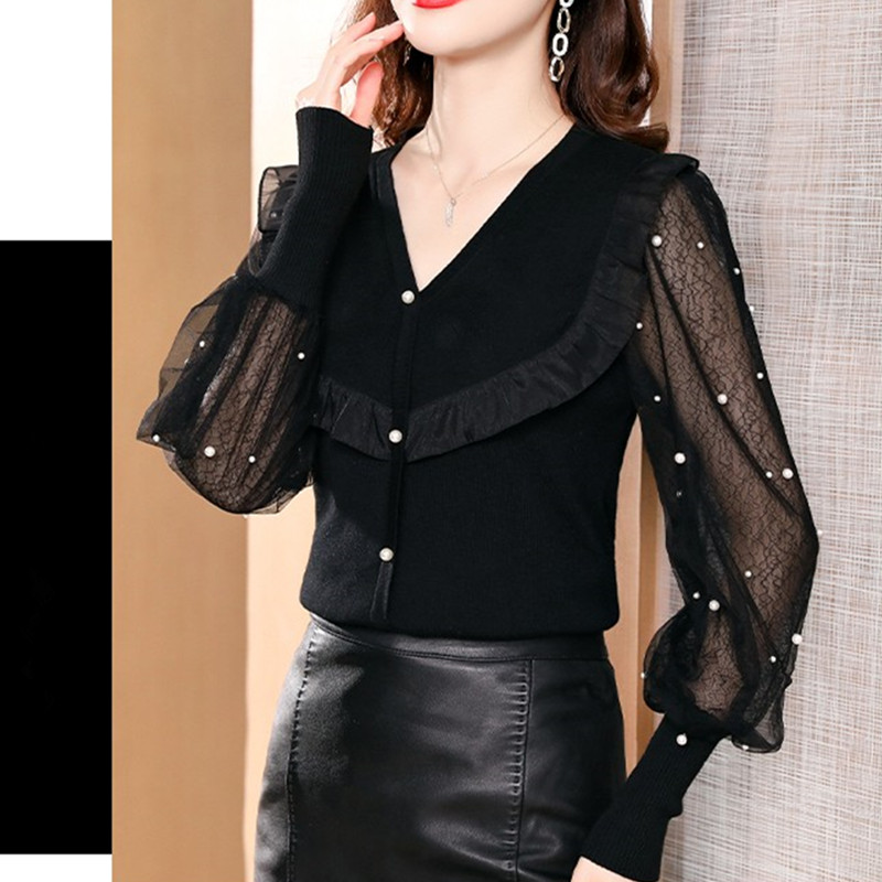 黑色针织衫网纱蕾丝袖打底衫