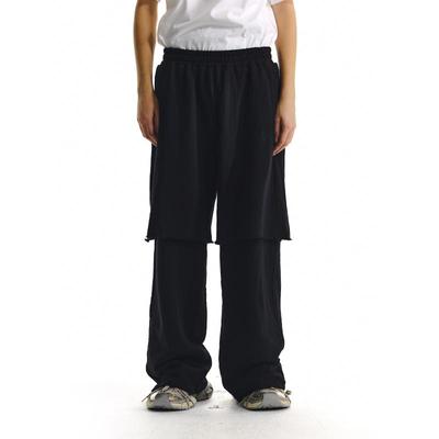 aphasiagallery双层假两件宽松阔腿长裤直筒卫裤男纯棉运动休闲裤