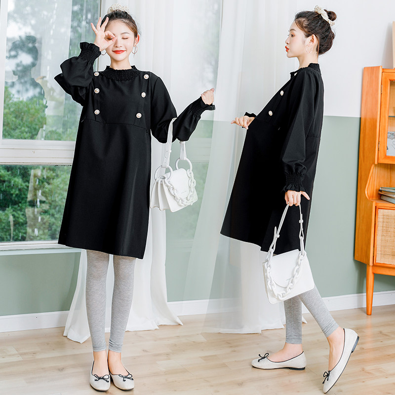 孕妇连衣裙秋装遮肚不显怀时尚款上衣套装哺乳钉扣裙宽松衣服潮妈