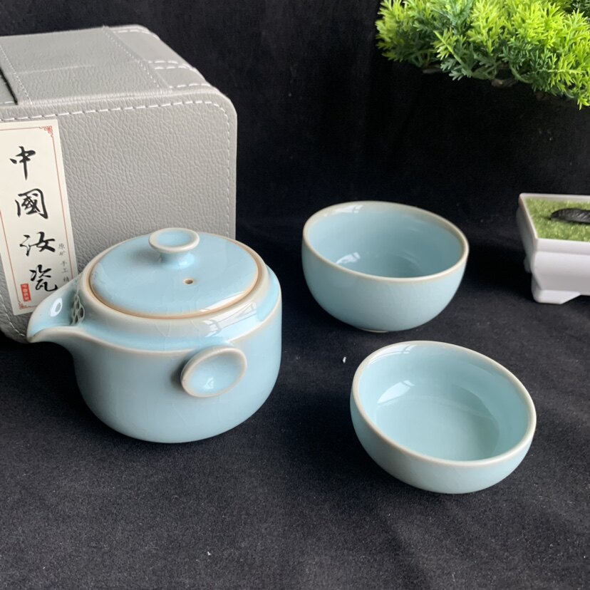 天青色旅游套装河南汝州汝瓷汝窑茶壶天青釉开片可养180ml容量