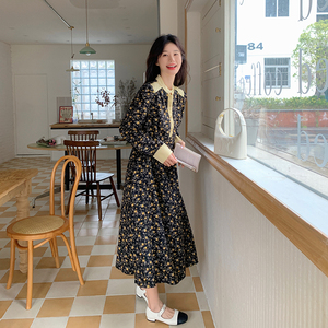 法式复古碎花连衣裙女2025春秋季新款韩系赫本风收腰显瘦茶歇长裙图片