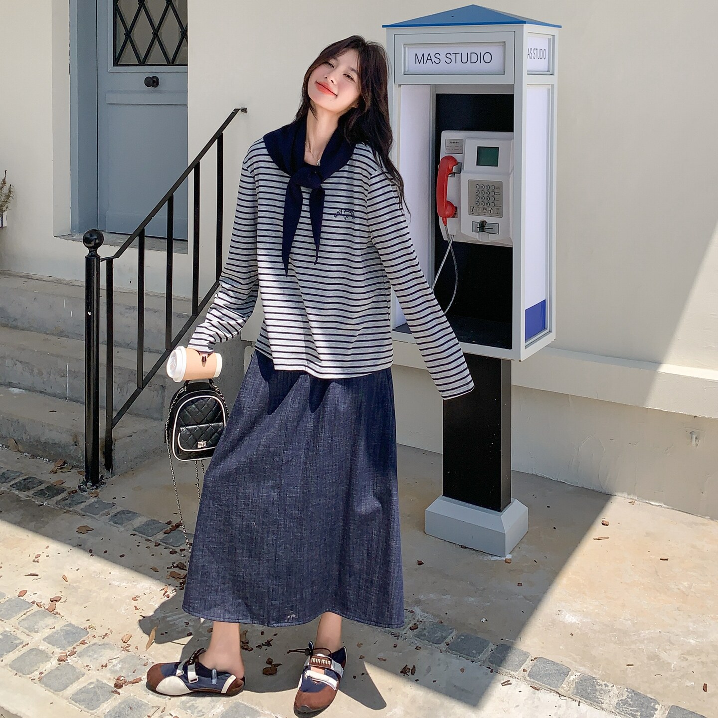 学院风条纹卫衣套装裙女2025秋季新款松弛感休闲牛仔半身裙两件套,女装套装/套裙,2B148