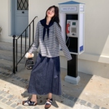 学院风条纹卫衣套装裙女2025秋季新款松弛感休闲牛仔半身裙两件套，女装套装/套裙，2B148