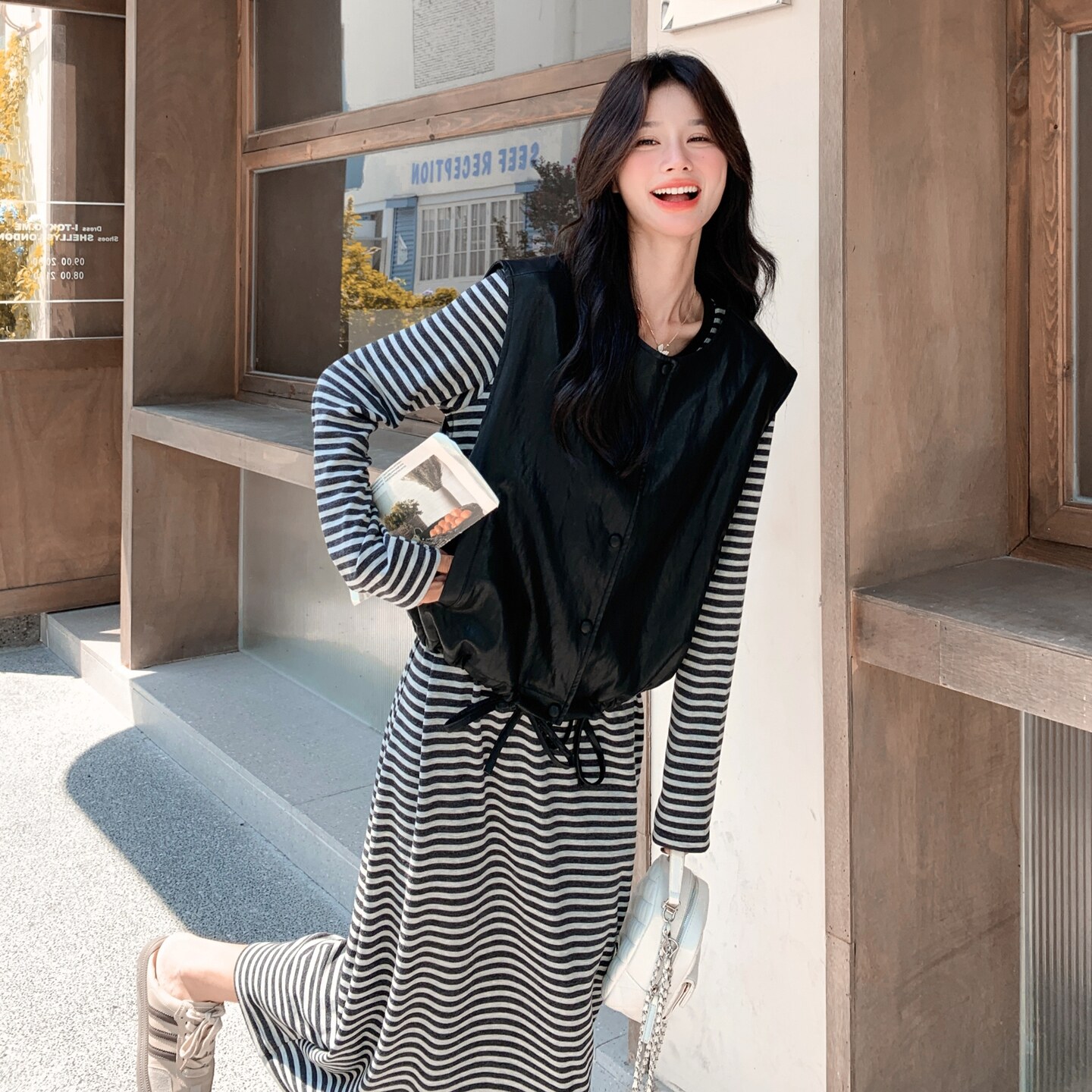 韩系复古皮衣马甲条纹连衣裙套装女春秋2025新款简单大方超火裙子,女装套装/套裙,2B148
