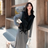 韩系复古皮衣马甲条纹连衣裙套装女春秋2025新款简单大方超火裙子，女装套装/套裙，2B148