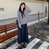 学院风条纹卫衣套装裙女2025秋季新款松弛感休闲牛仔半身裙两件套，女装套装/套裙，2B148