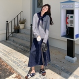 学院风条纹卫衣套装裙女2025秋季新款松弛感休闲牛仔半身裙两件套，女装套装/套裙，2B148
