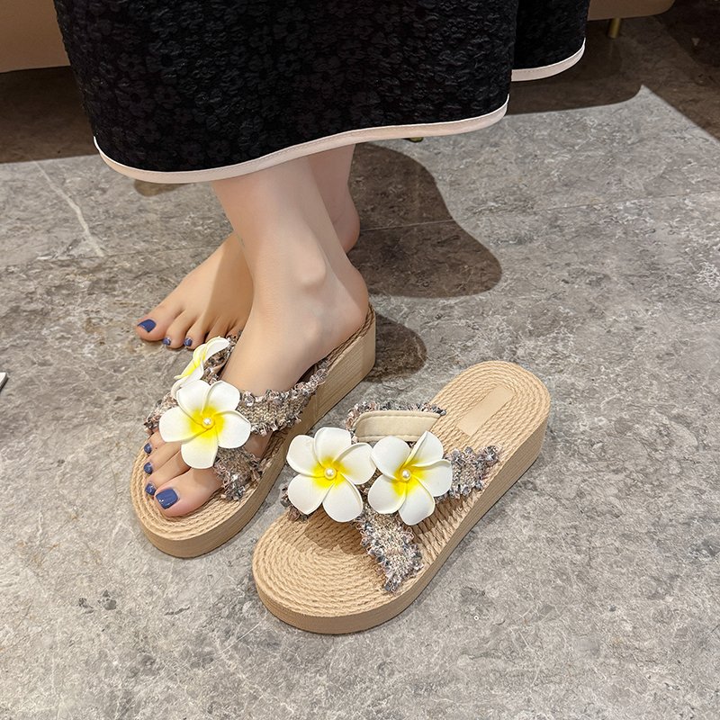 海边度假鸡蛋花厚底凉拖鞋