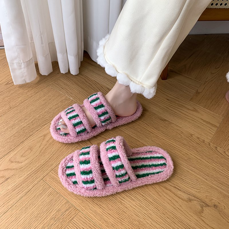 元气波普风条纹毛绒绒拖鞋女
