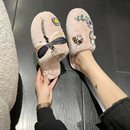 优雅水钻蜻蜓刺绣毛毛拖鞋女秋冬洋气家居厚底棉拖鞋家用海清同款