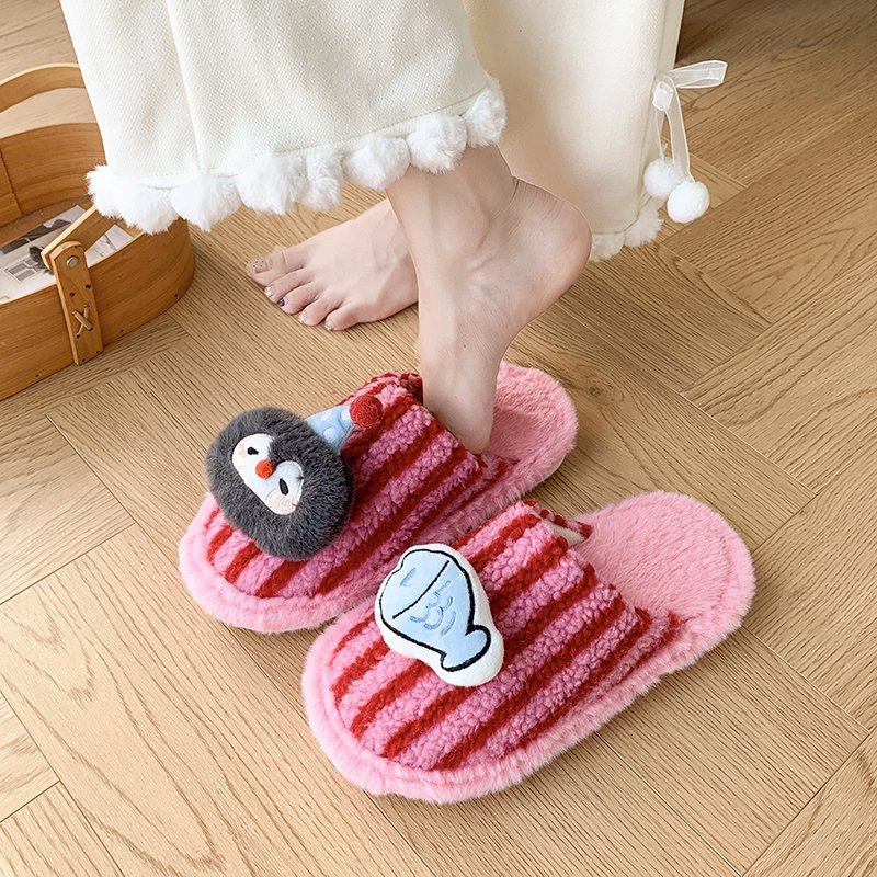 卡通可爱企鹅毛毛拖鞋女秋冬舒适防滑条纹棉拖鞋轻便静音居家拖鞋,女鞋,包头拖,淘宝优惠券,粉丝福利购,淘宝优惠卷