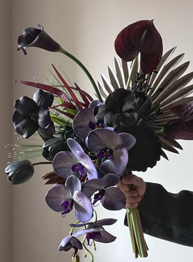 多巴胺色系紫黑色仿真花束假花 蝴蝶兰马蹄莲家居装饰摆件套装