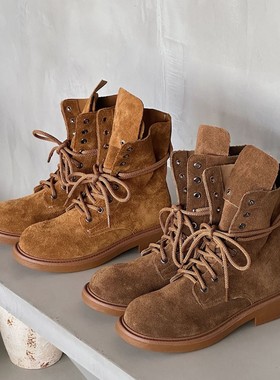 2025秋冬真皮系带马丁靴复古美拉德厚底短靴头层牛皮两穿女骑士靴