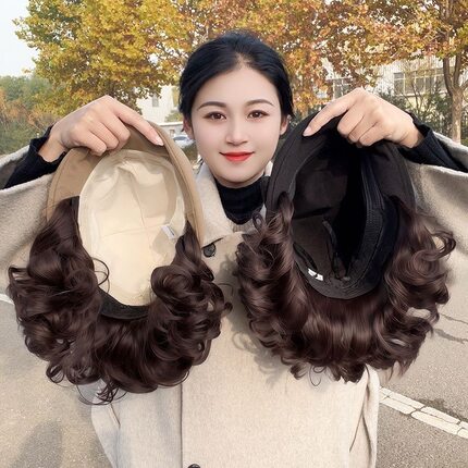 帽子假发一体女秋冬新款羊毛呢渔夫帽时尚洋气卷边盆帽假发帽头套