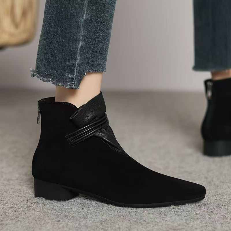 买手店韩版明星款翻毛皮尖头中跟时装靴