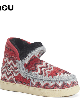 mou 冬 限定款羊皮毛一体基里姆不对称印花 圆头女士 冬靴雪地靴