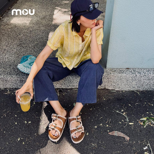 mou夏款博肯凉鞋露趾厚底平跟双带金属扣女士凉鞋复古博肯拖鞋