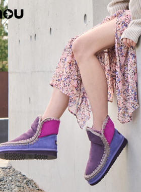 mou冬ESKIMO 18女士拼色圆头羊皮毛一体雪地靴短靴冬靴