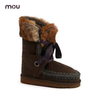mou爱斯基摩24女士兔毛装 饰圆头平跟中筒雪地靴冬靴