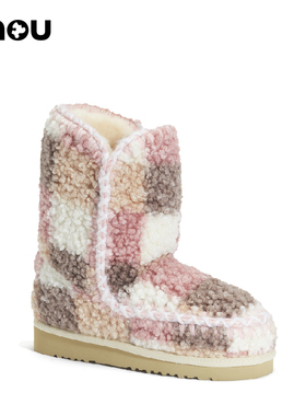 mou秋冬ESKIMO 24限定款泰迪绒布格纹女士雪地靴保暖冬靴短靴