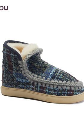 mou秋冬爱斯基摩迷你休闲羊皮毛一体格纹花呢雪地靴短靴