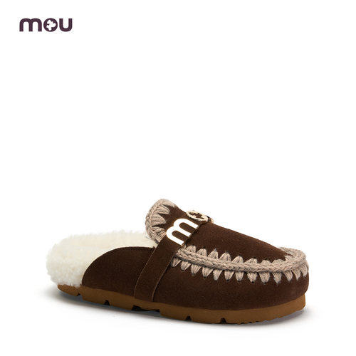 mou秋冬女士羊毛暖感后空金属Logo毛拖鞋 可外穿