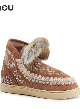 mou冬季爱斯基摩星钻貂毛短靴羊皮毛一体圆头平跟雪地靴女鞋