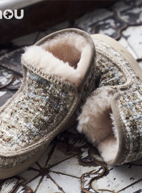 mou冬季迷你休闲格纹小香风 羊皮毛一体 圆头平跟雪地靴女鞋短靴