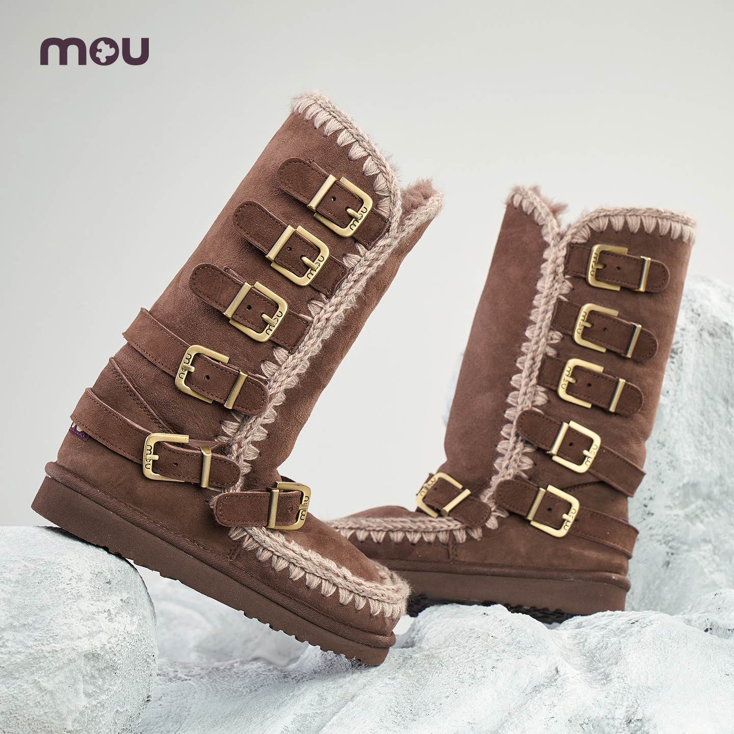mou2025秋冬新款女士爱斯基摩40羊皮毛一体多扣长靴雪地靴