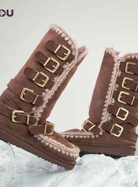 mou2025秋冬新款女士爱斯基摩40羊皮毛一体多扣长靴雪地靴