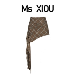 Ms XIDU美式棕绿色不规则格子半身裙女夏季小众辣妹高腰a字短裙子