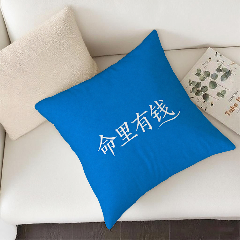 篮底白字命里有钱抱枕含芯宝宝绒原创午睡枕简约腰靠靠枕双面印花