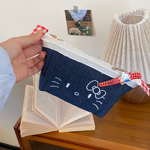 卡通可爱少女心凯蒂猫学生铅笔盒ins风简约小清新刺绣Kitty文具盒