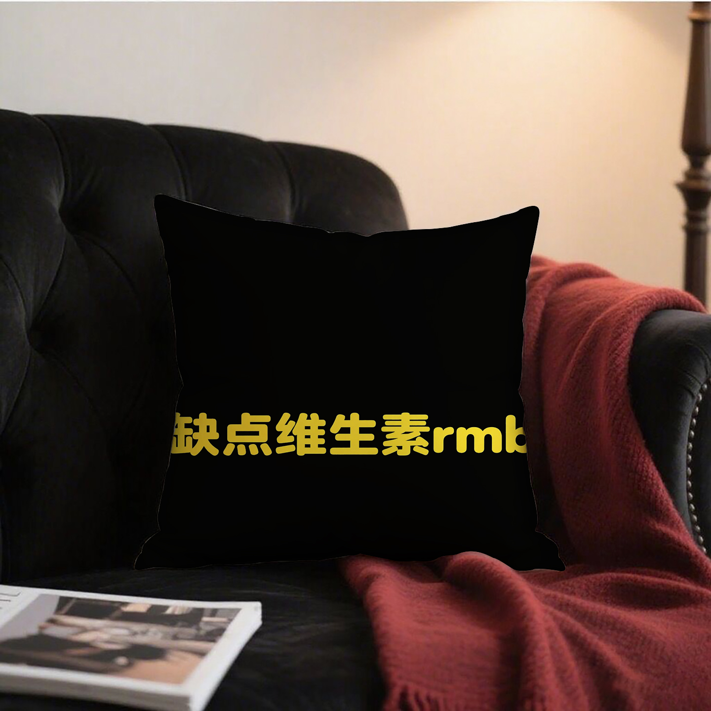 黑底黄字缺点维生素rmb抱枕含芯桃皮绒靠垫小清新靠背腰靠学生卧
