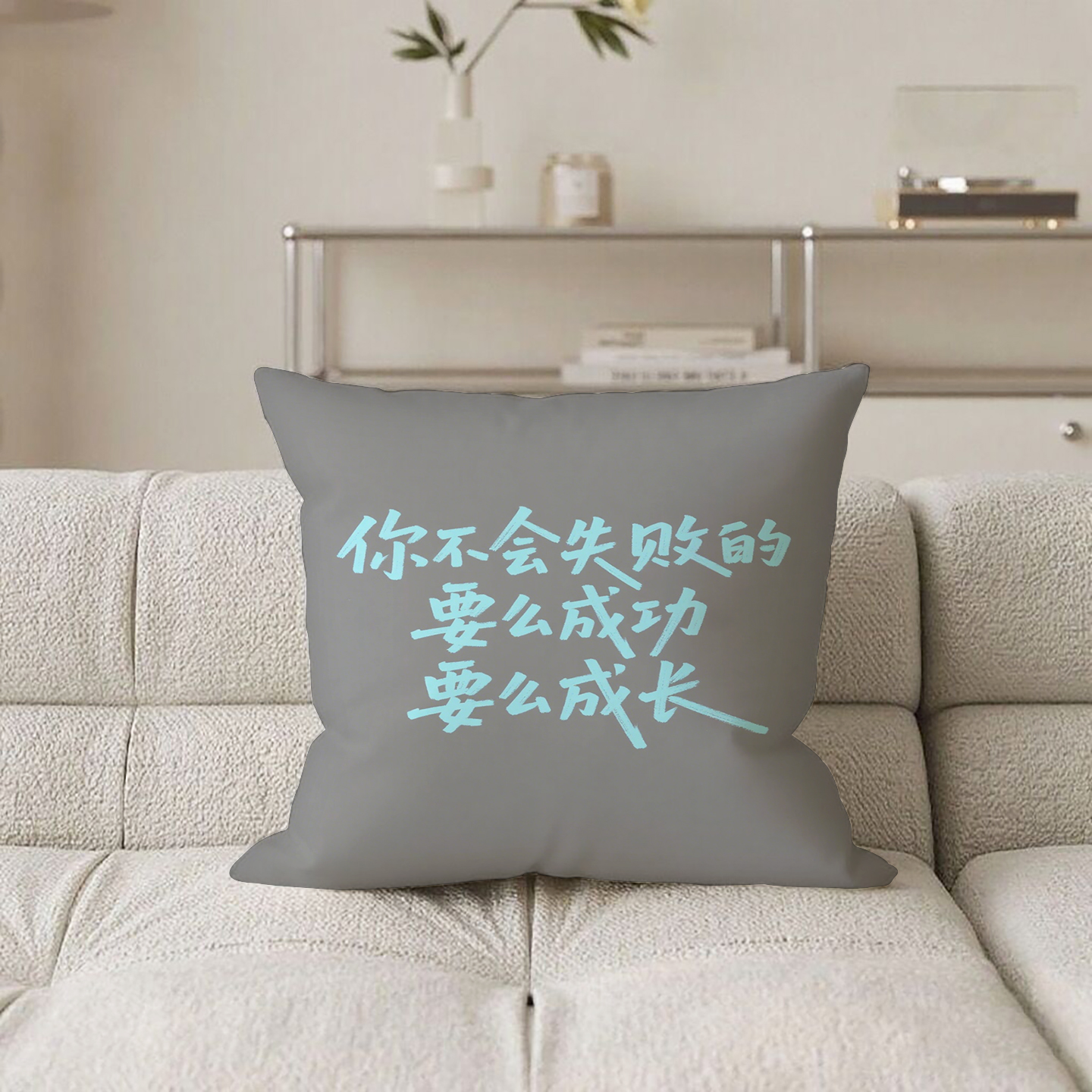 灰底篮字不会失败抱枕含芯桃皮绒卧室沙发靠垫办公室网红原创小众