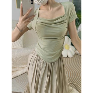 褶皱上衣潮 辣妹纯欲方领短袖 T恤女夏季 设计感小众打底衫 独特短款
