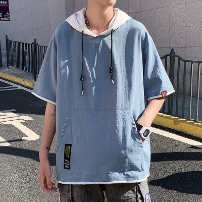 2025款青少年拼接假两件短袖卫衣男夏季连帽蓝色vintage七分袖t恤