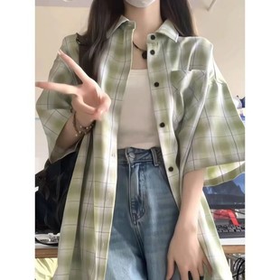 宽松设计感小众复古chic上衣 港风绿色格子短袖 衬衫 女2025夏季 新款