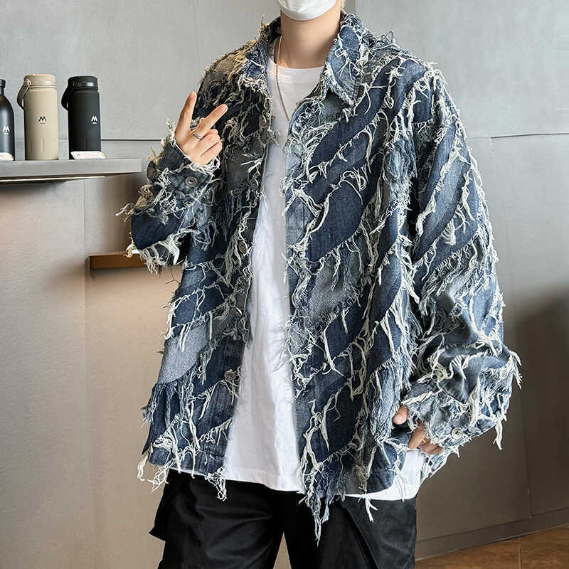 美式重磅水洗流苏牛仔外套男春秋款痞帅炸街潮牌破坏毛边休闲夹克