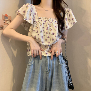 小飞袖 法式 女夏复古设计感宽松百搭高腰短款 碎花短袖 方领上衣 衬衫
