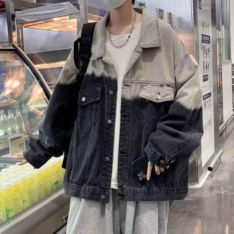 渐变色牛仔外套男春秋2025新款韩版宽松美式复古港味长袖夹克上衣