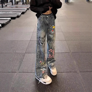 子显瘦直筒vibe高裆微喇裤 复古蓝涂鸦牛仔裤 痞帅裤 美式 春秋情侣款