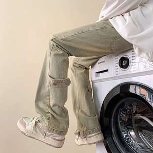 美式复古水洗做旧黄泥色牛仔裤纽扣秋冬宽松直筒休闲裤高街微喇裤